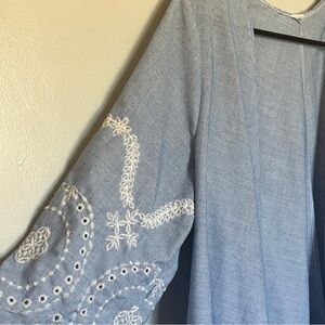 Boutique Open Front Cardigan Blue with White Embroidered Floral Long 3/4 Sleeves